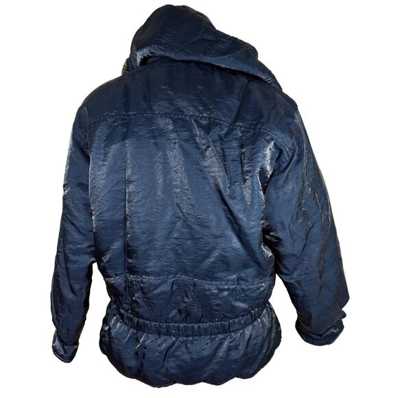 Vintage Celestial Puffer Jacket | Navy Blue Faux Fur Hood – Y2K Moon & Sun - Picture 5 of 12